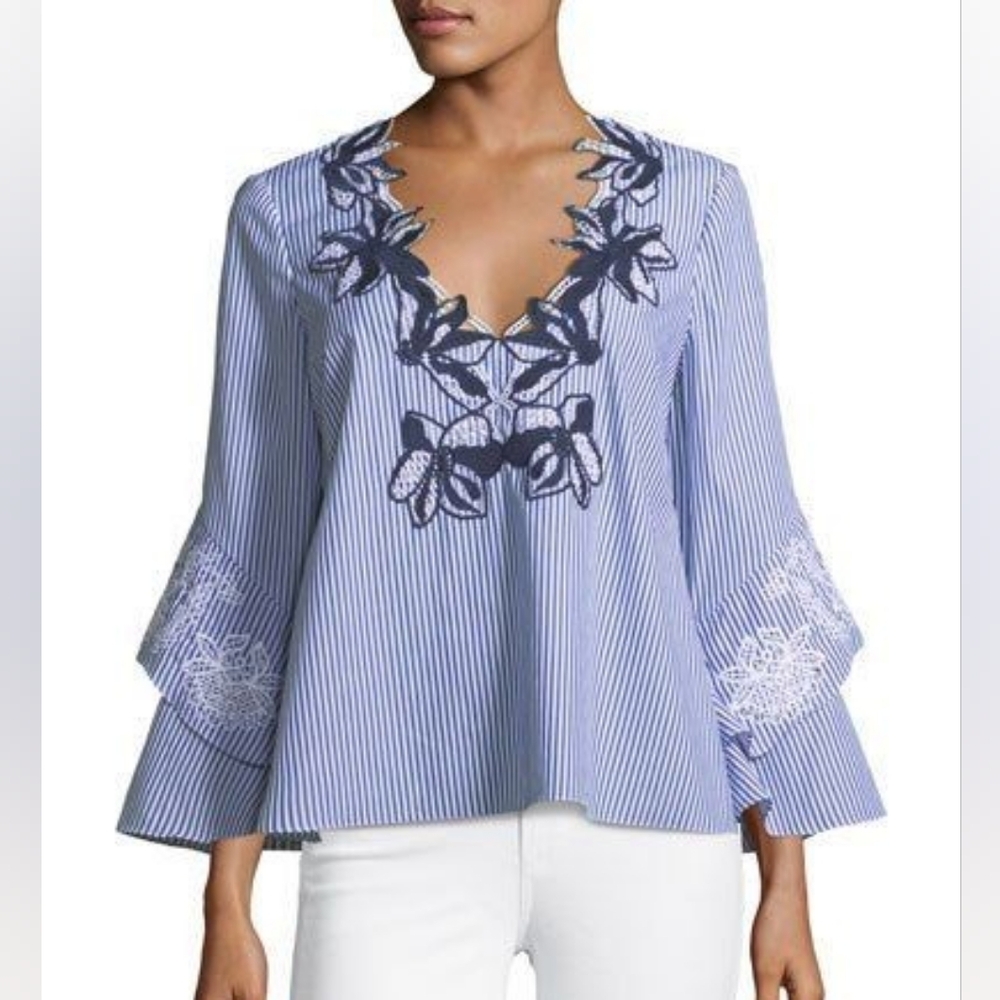 Gail Striped V-neck Blouse With Lace Embroidery In Blue/white. Sz. 6 / medium
